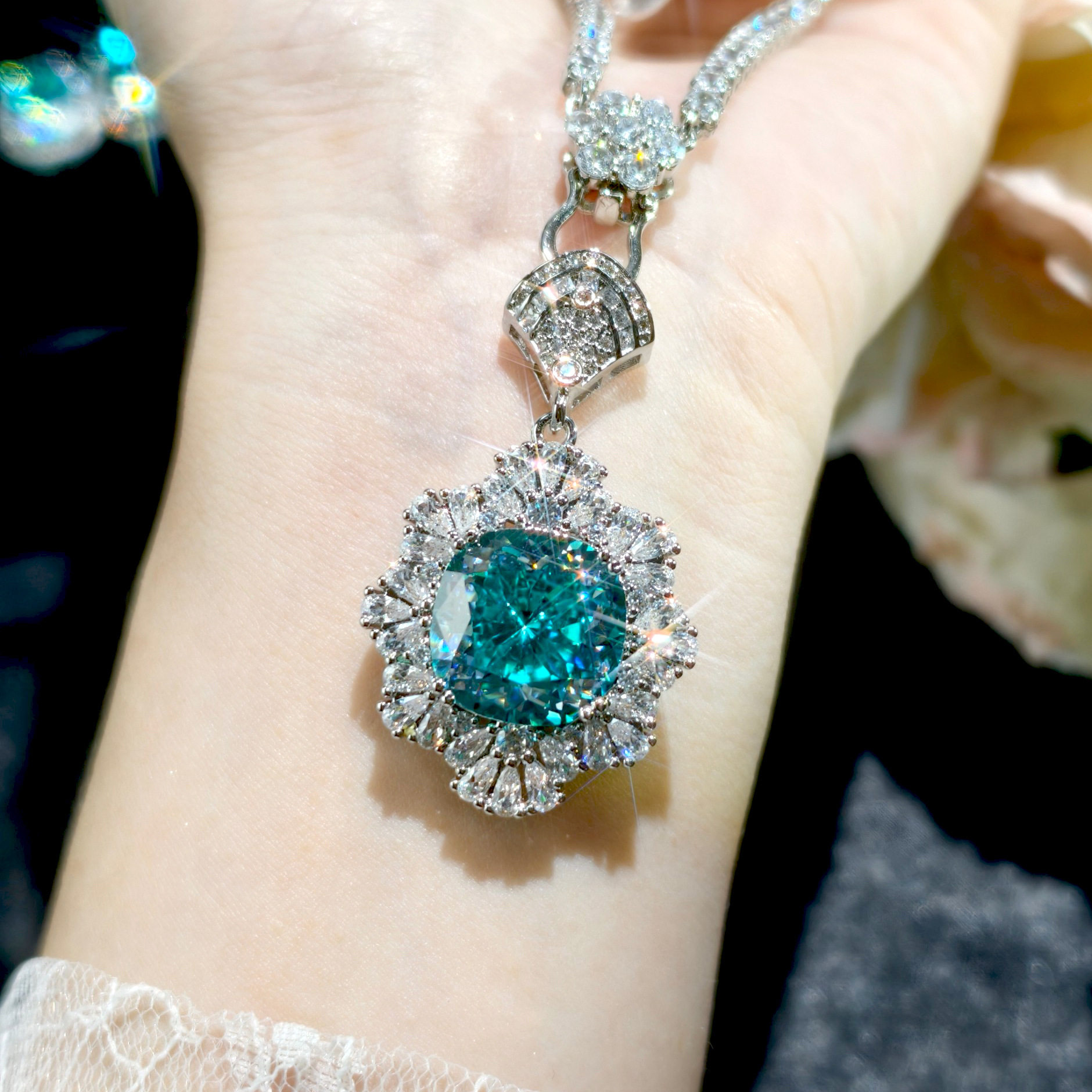 Light luxury square cushion green zirconia necklace earrings ring