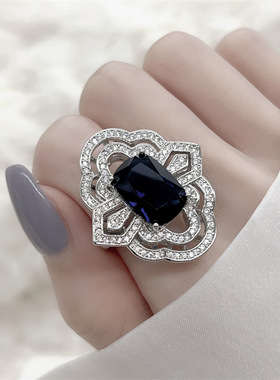 奢华海蓝宝石戒指女复古气质百搭