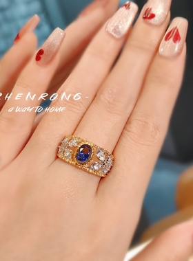 双色金镶钻蓝尖晶彩宝戒指ins