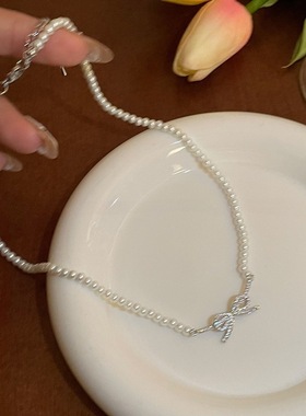 法式小米珠珍珠蝴蝶结项链女