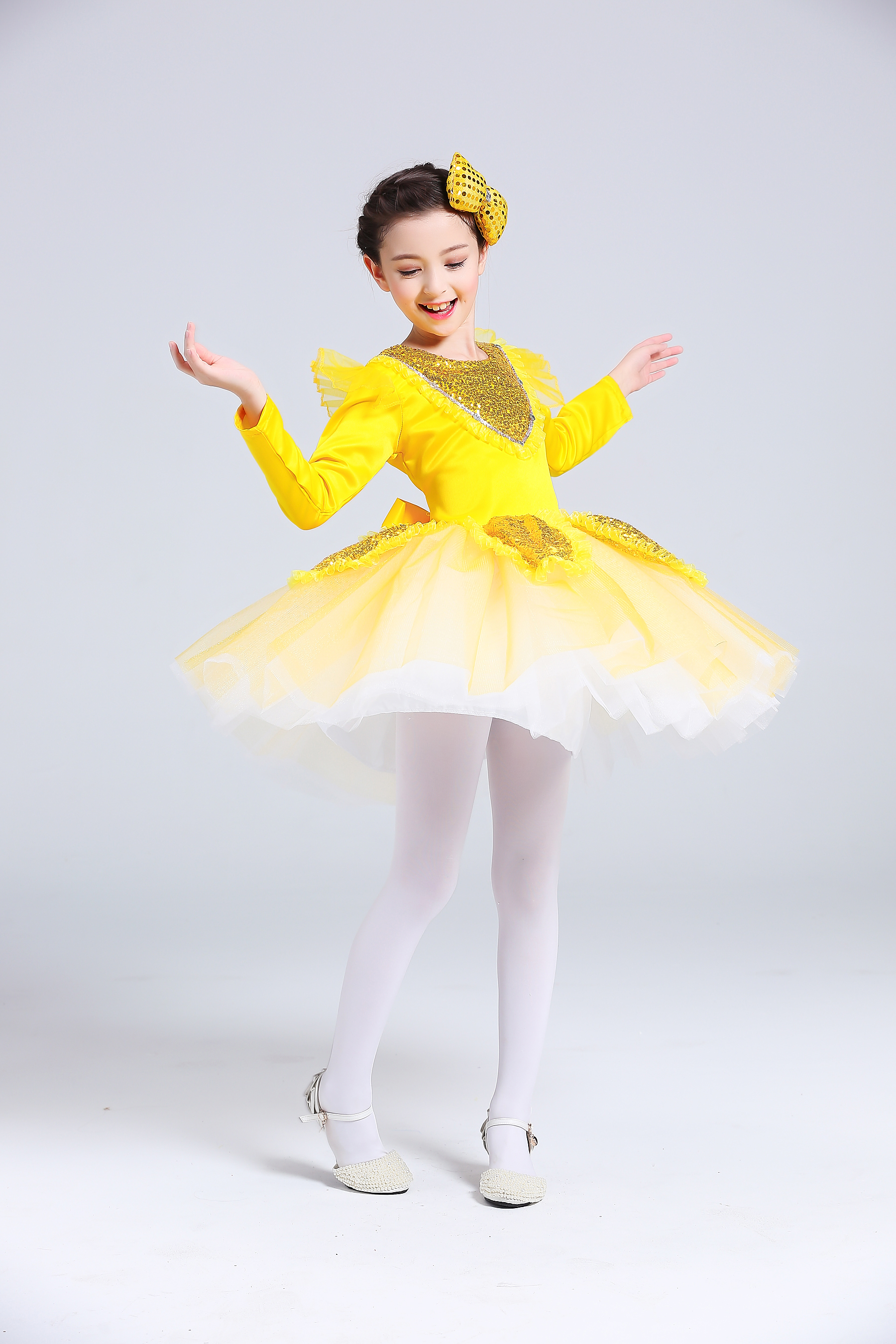 稻田里的中国梦演出服装黄色蓬蓬纱裙主持人男女童诗朗诵舞蹈服装-图3