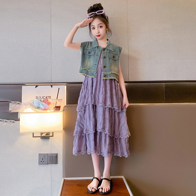 女童夏季连衣裙2023新款中大童小女孩洋气无袖吊带裙花边蛋糕裙子,淘宝优惠券,粉丝福利购,淘宝优惠卷