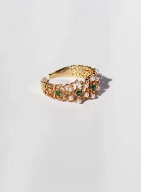 复古宫廷风祖母绿色锆石花朵金属