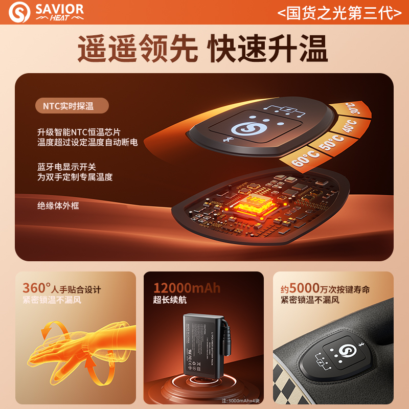 心之礼加热手套新款蓝牙开关冬季滑雪户外骑行发热防风防水暖手宝