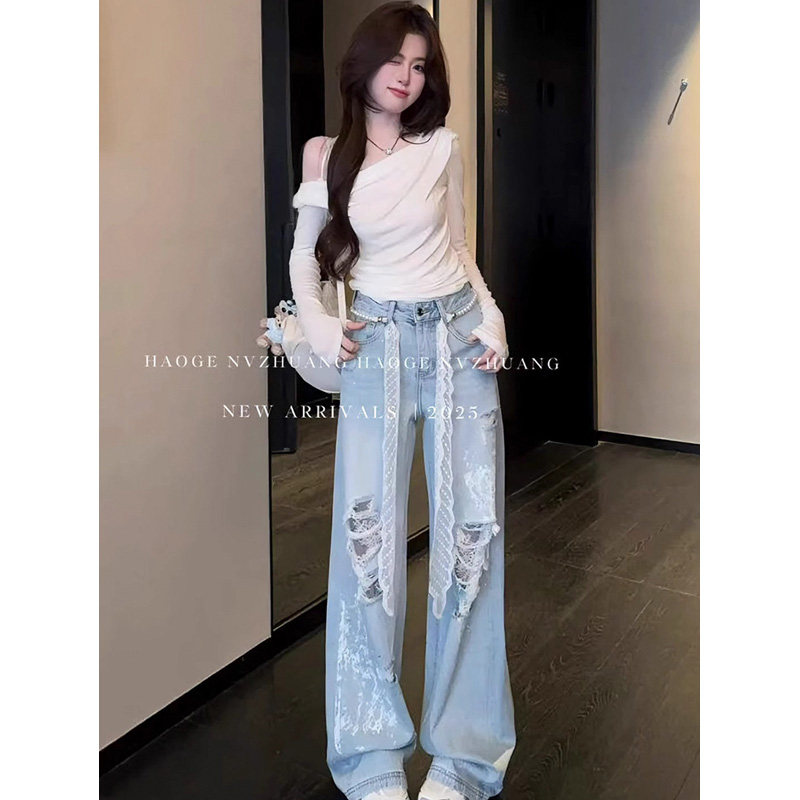 浅色破洞蕾丝阔腿牛仔裤女2025年夏季新款设计感宽松显瘦直筒裤子,淘宝优惠券,粉丝福利购,淘宝优惠卷