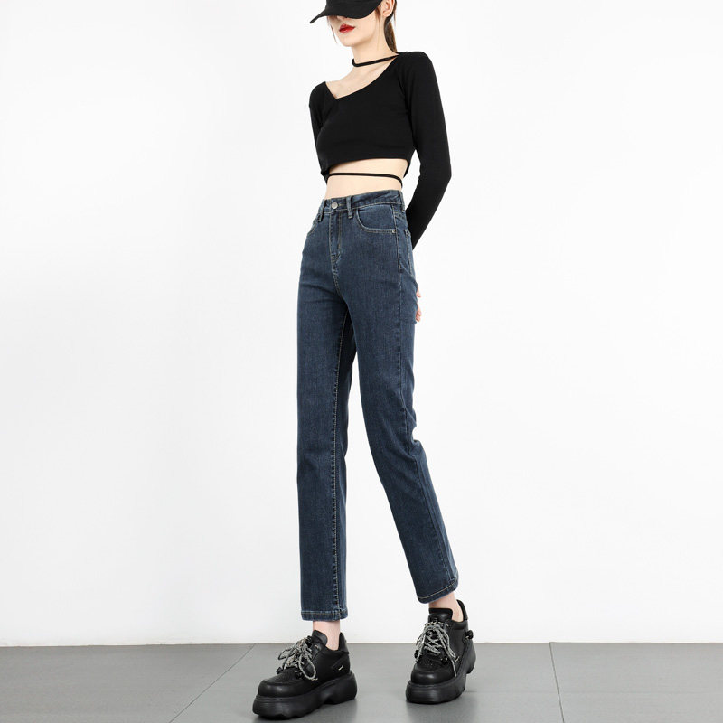 直筒蓝灰色秋季新款高腰弹力牛仔裤 卡秋里牛仔裤