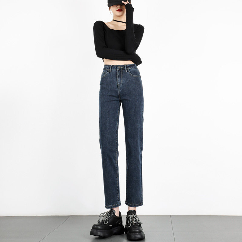 直筒蓝灰色秋季新款高腰弹力牛仔裤 卡秋里牛仔裤