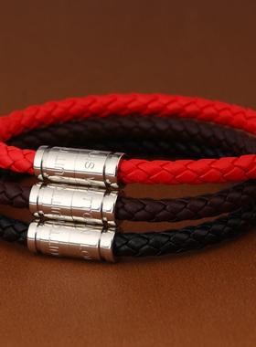 热销皮绳手链情侣经典老花色手镯百搭时尚编织牛皮手环钛钢磁吸扣