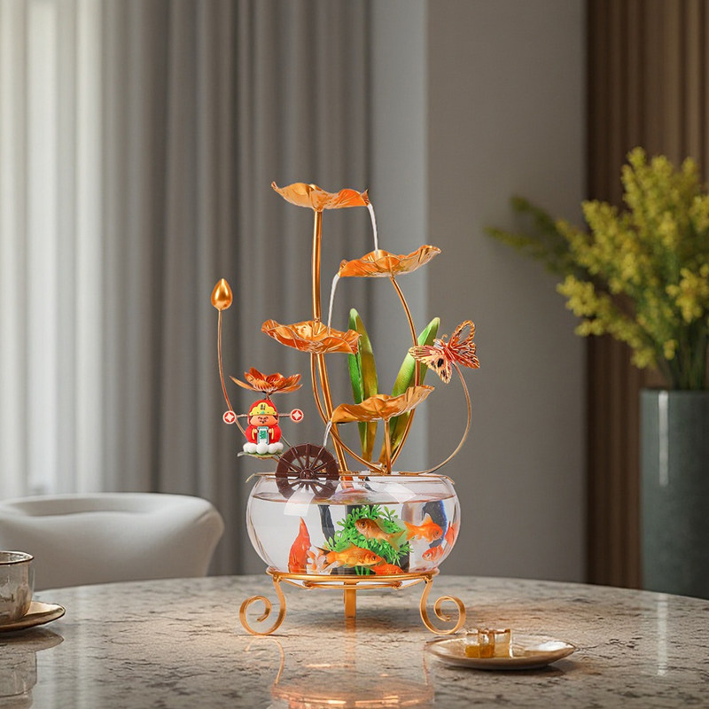 创意现代风简约轻奢铁艺荷叶循环流水办公客厅家用玻璃缸桌面摆件,淘宝优惠券,粉丝福利购,淘宝优惠卷