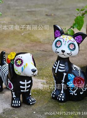 万圣节骷髅头猫狗家居桌面鬼屋氛围节日装饰树脂雕像动物摆件