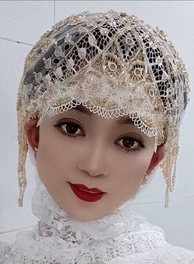 回族女士头纱新款披肩手工纱巾蕾丝包头回族头巾洋气帽子重工时尚