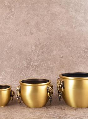 宏达全黄铜大号双环狮头缸办公室玄关铜缸聚宝盆铜器摆件