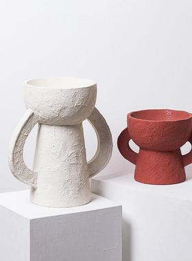 做旧侘寂风双耳摆件售楼部大堂展厅桌面摆设样板房别墅玄关装饰品