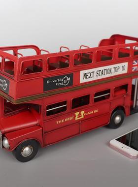 复古仿真英伦双层巴士公交车模型铁艺老物件收藏橱窗装饰品摆件