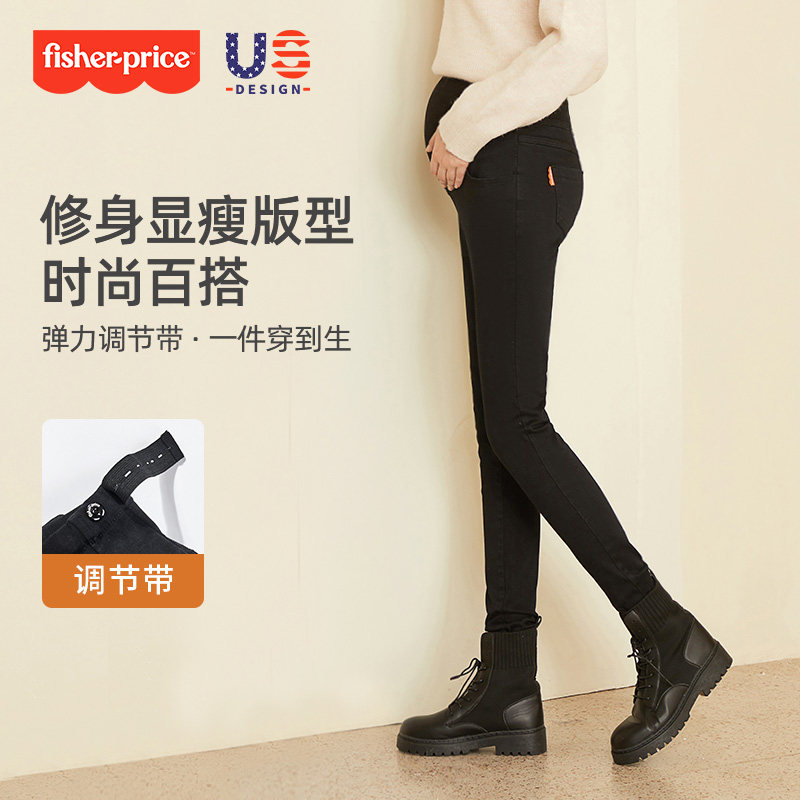 费雪孕妇牛仔裤子秋冬加绒加厚黑色 fisherprice爱鹿孕妇铅笔裤