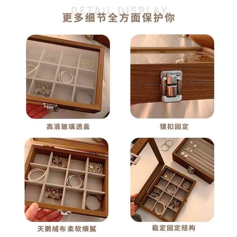 Wooden glass lid jewelry box ring earring storage box jewelry packaging box jewelry organization box
