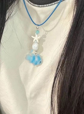 可爱橘色小丑鱼项链女猫眼石蓝色小鱼串珠锁骨链情侣款手工颈链