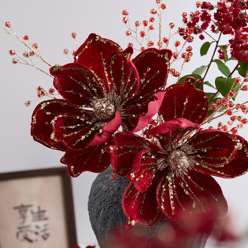 泓翰 圣诞花高档DIY花环配件加厚节日红色绒花粘粉23CM布艺仿真花,淘宝优惠券,粉丝福利购,淘宝优惠卷