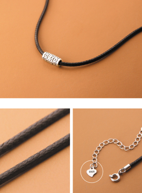 复古财源滚滚纯银吊坠精致编织黑皮绳项链女简约气质冷淡风锁骨链