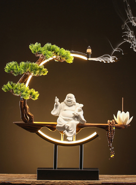 新中式禅意倒流香炉陶瓷弥勒佛客厅玄关居室紫砂摆件台灯香熏炉