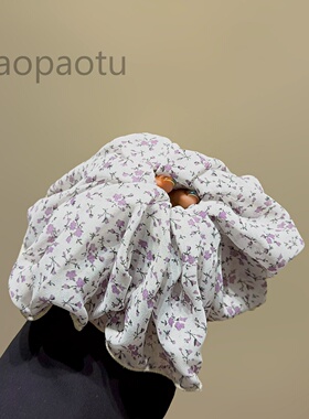 白底淡紫色小碎花布艺大肠发圈多层荷叶边花边温柔韩系少女发绳