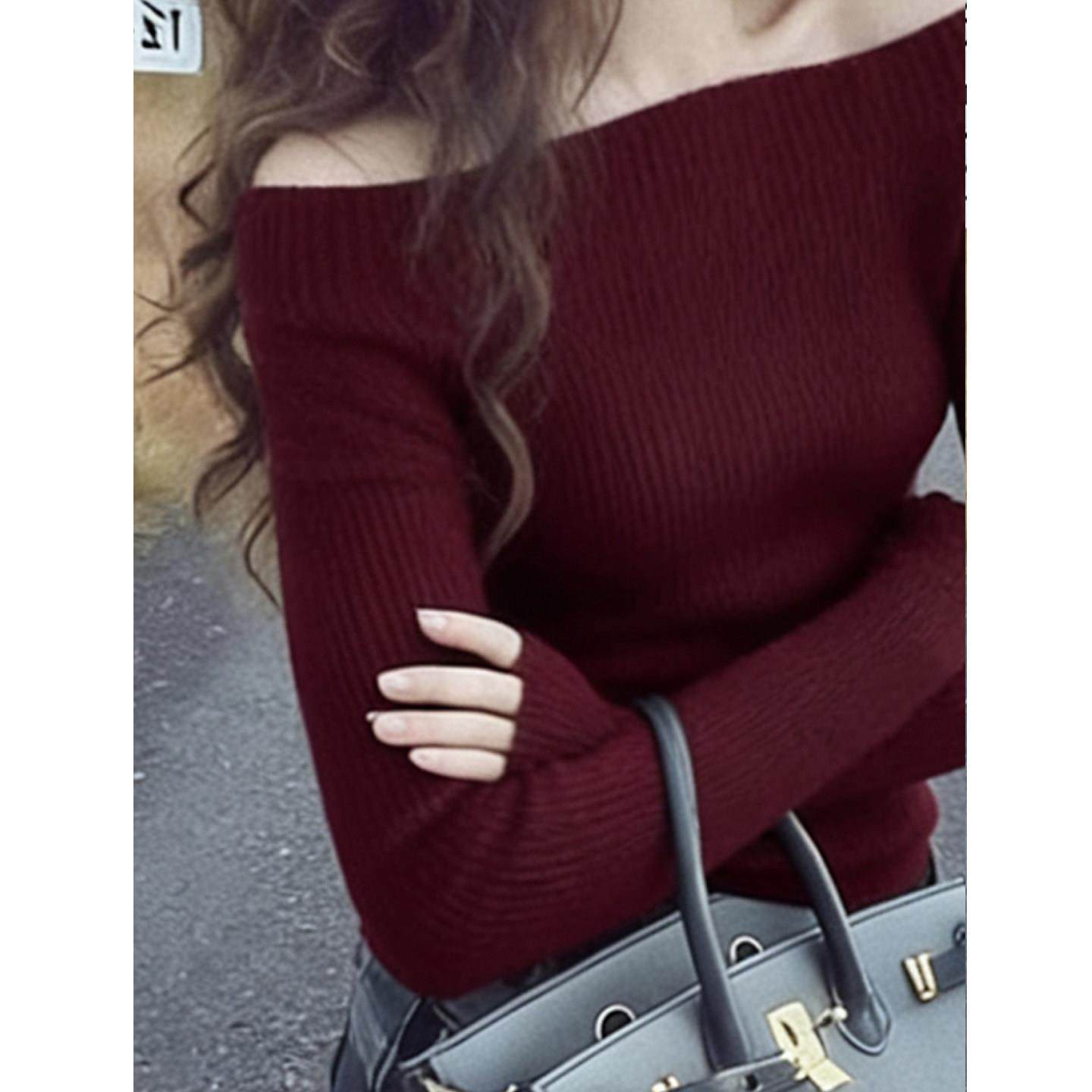 复古优雅chic安格拉红一字领露肩长袖针织衫女秋冬款减龄百搭上衣,淘宝优惠券,粉丝福利购,淘宝优惠卷