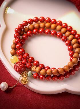 2026朱事顺意 天然朱砂手串檀香木手链本命年好运珠多圈款饰品女
