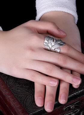 2025戒指男女士款复古叶子进口泰国清迈手工银指环夸张超宽古朴