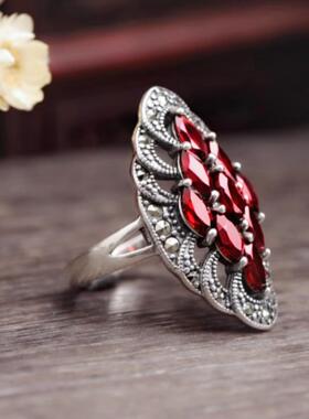 2025复古彰显典雅泰银黑石榴石锆石戒指银泰银石榴红钻红尘女人石