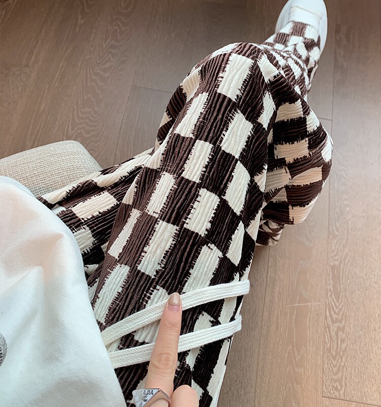 棋盘格阔腿裤夏季2022新款休闲裤子 莉诗琳休闲裤