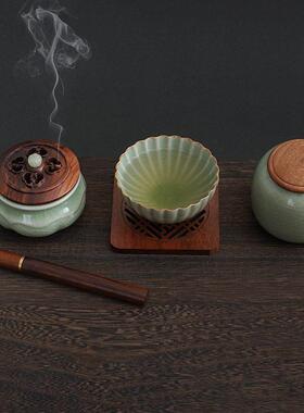 宋瓷茶具青瓷茶器茶杯茶叶套装古典文创哥窑香炉短香管礼品组合