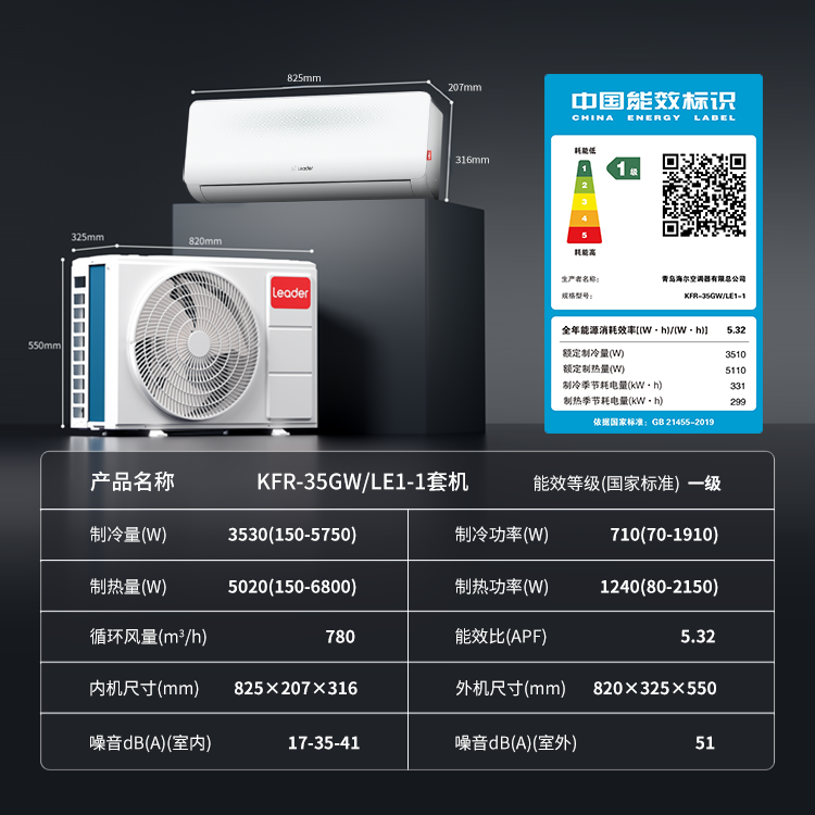 【国补8折】海尔空调1.5匹家用一级能效变频统帅卧室挂机冷暖用E1