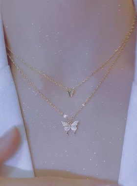 两只蝴蝶钛钢女设计感项链