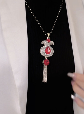 红色水晶福袋流苏毛衣链女