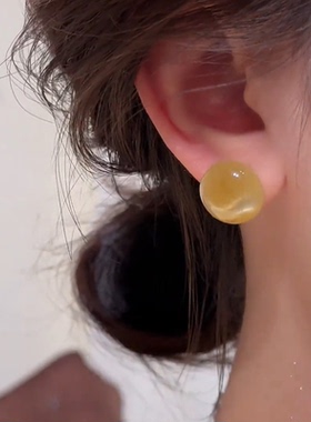 黄色复古圆形猫眼石耳钉女