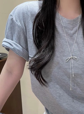 银色长款抽拉蝴蝶结流苏项链女