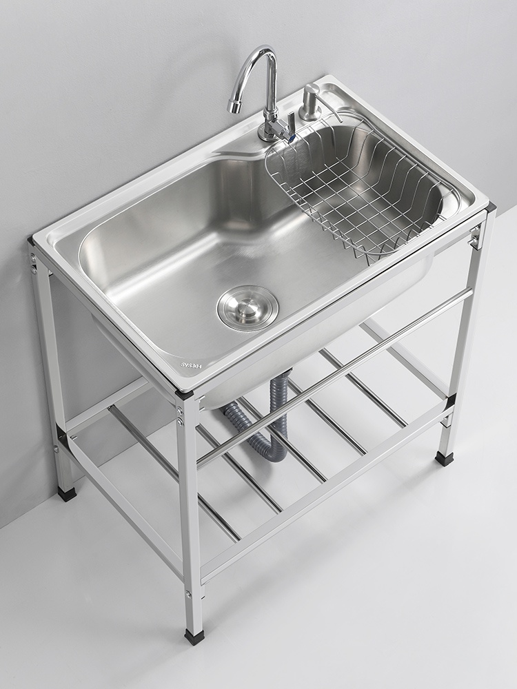 厨房加厚简易不锈钢水槽单槽双槽带支架水盆洗菜盆洗碗池套餐家用 - 图1