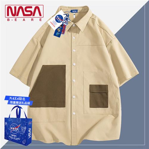 NASA联名拼接撞色日系工装衬衫男款夏季宽松短袖衬衣潮牌休闲外套