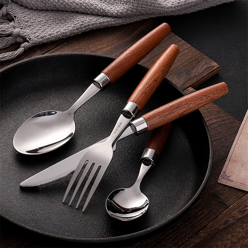 木柄牛排牛扒刀叉勺西餐餐具套装两件套304不锈钢甜品叉子勺子