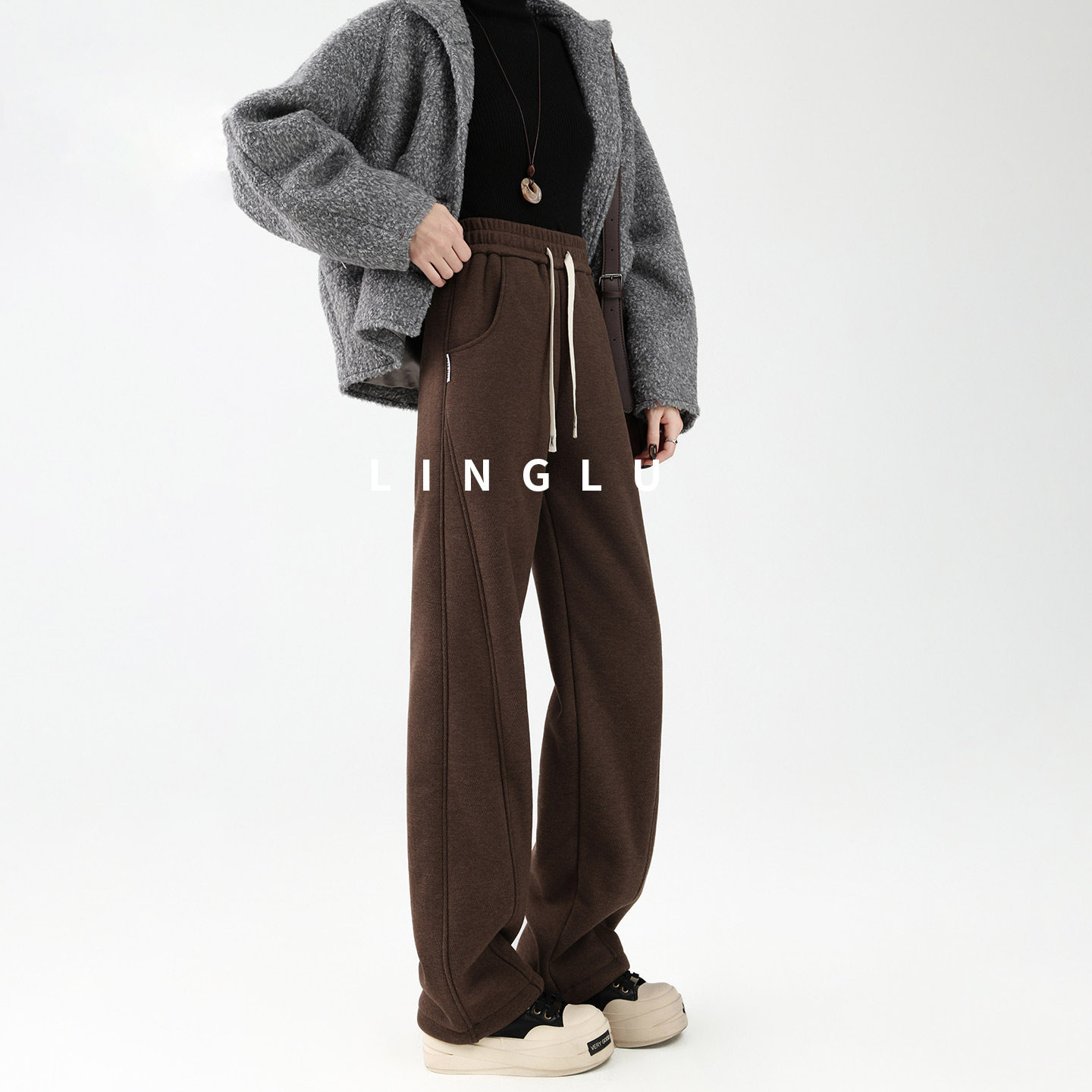 【老钱风范】美拉德冬季羊羔绒裤子女加厚运动卫裤咖色加绒阔腿裤,淘宝优惠券,粉丝福利购,淘宝优惠卷