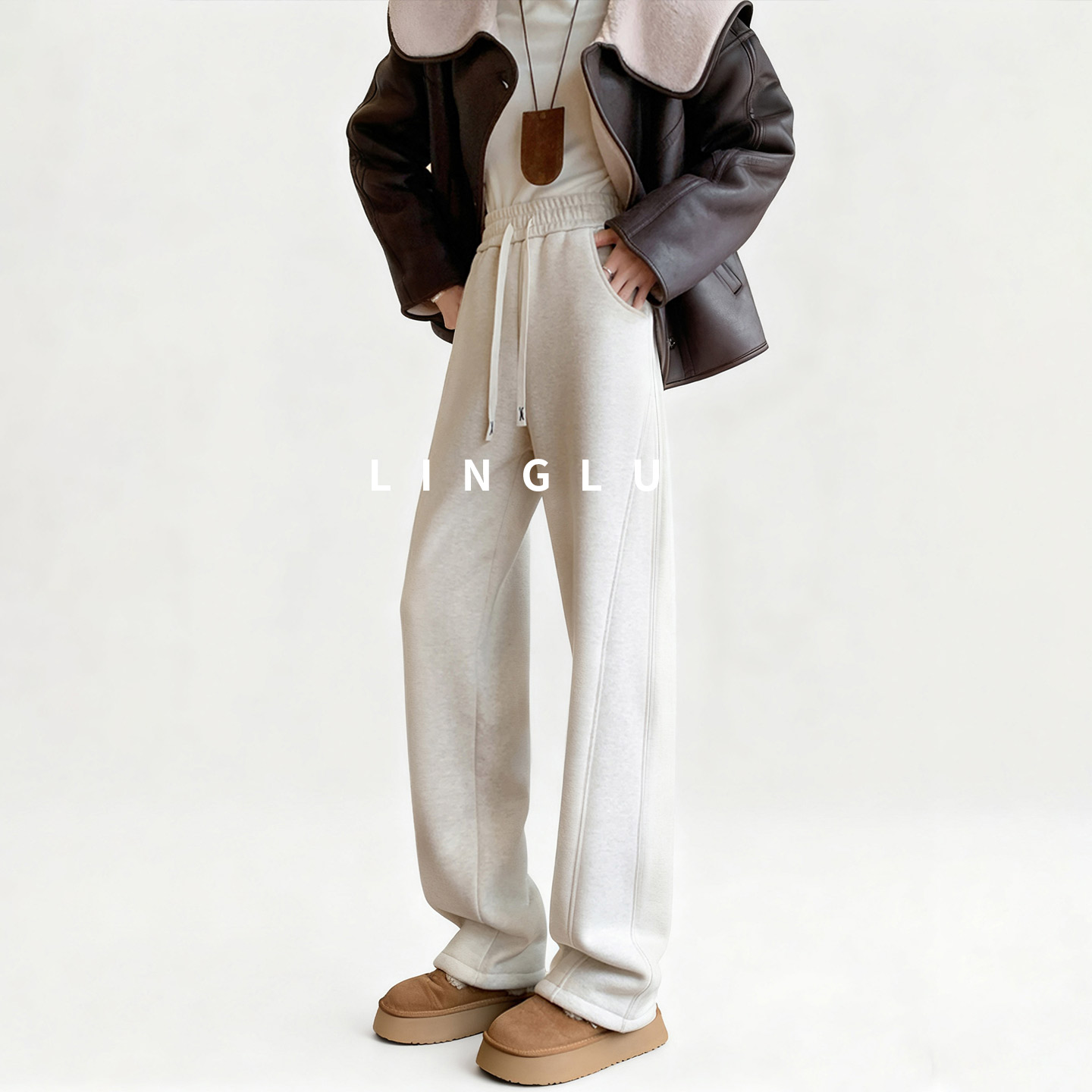 加长羊羔绒棉裤女秋冬高个子直筒卫裤冬季保暖加绒裤子加厚阔腿裤 - 图3