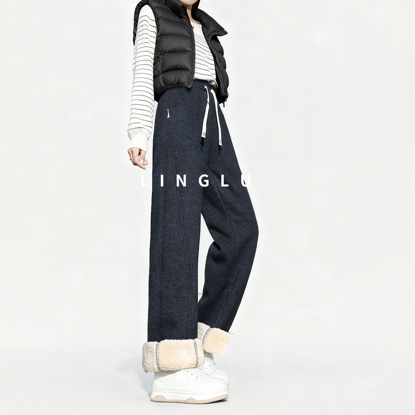 加长羊羔绒棉裤女秋冬高个子直筒卫裤冬季保暖加绒裤子加厚阔腿裤 - 图0