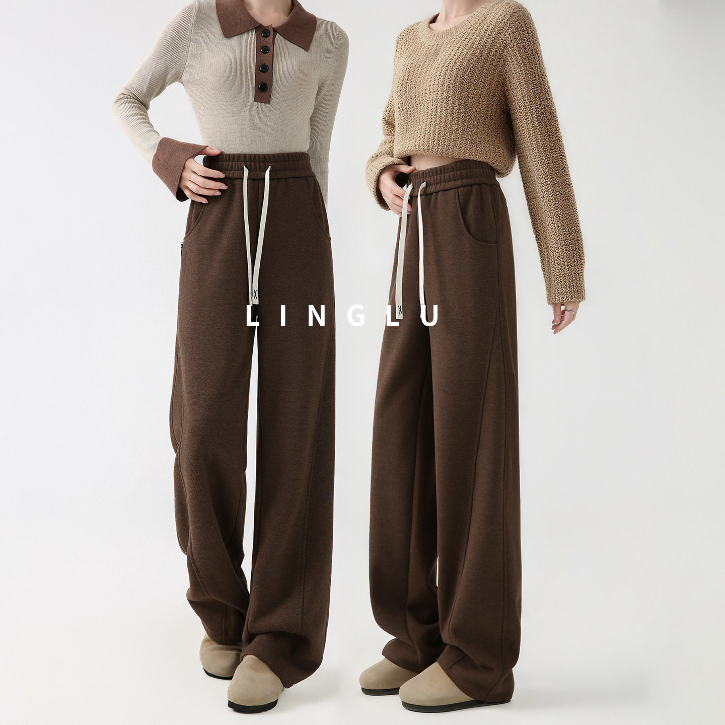 【老钱风穿搭】咖色裤子女秋冬款加厚弯刀裤美拉德香蕉裤加绒卫裤,淘宝优惠券,粉丝福利购,淘宝优惠卷