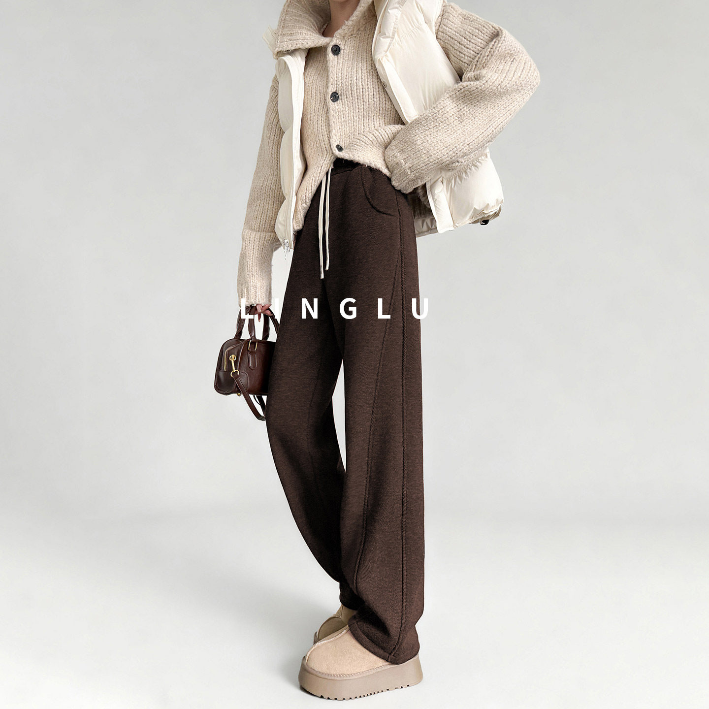 【老钱风范】美拉德冬季羊羔绒裤子女加厚运动卫裤咖色加绒阔腿裤,淘宝优惠券,粉丝福利购,淘宝优惠卷