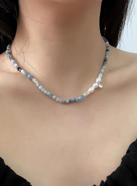 ELOANE GALLERY落岸海蓝宝天然珍珠项链蓝色宝石锁骨链纯银女小众