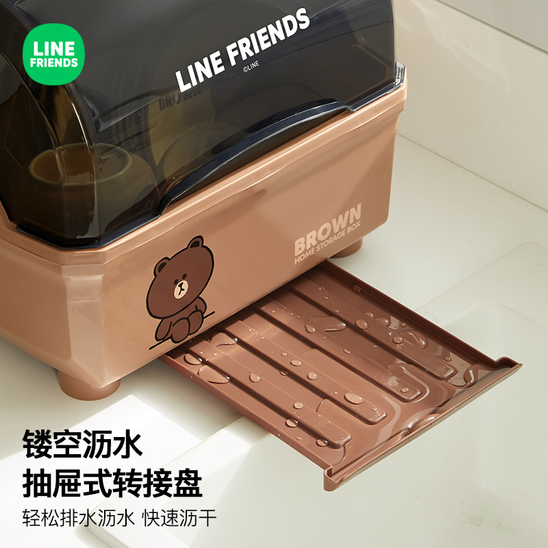 LINE FRIENDS厨房碗盘收纳箱碗碟筷沥水收纳架密封防尘餐具收纳盒-图3