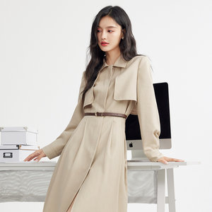 秋水伊人卡其色中长款风衣女款2023年新款秋季法式轻奢连衣裙外套