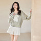 Qiushui Yiren Ole bow striped sweater women's temperament V-neck long-sleeved sweater autumn slimming outfit