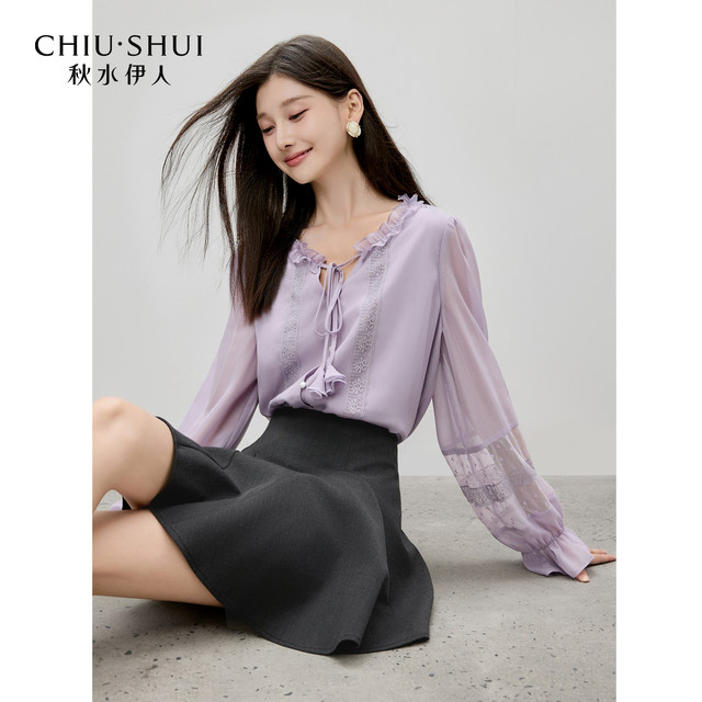 ເສື້ອຢືດ chiffon ສີແຂງ Qiushui Yiren ຝຣັ່ງ 2026 ລະດູໃບໄມ້ປົ່ງໃໝ່ ເສື້ອຢືດແບບໂຣແມນຕິກ ຮອບຄໍ lace-up top