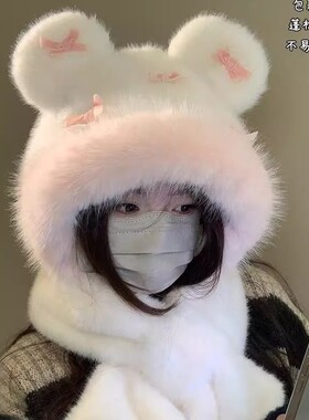 2025新款冬季围脖一体俩件套可爱蝴蝶结毛绒绒小熊耳朵帽子女百搭